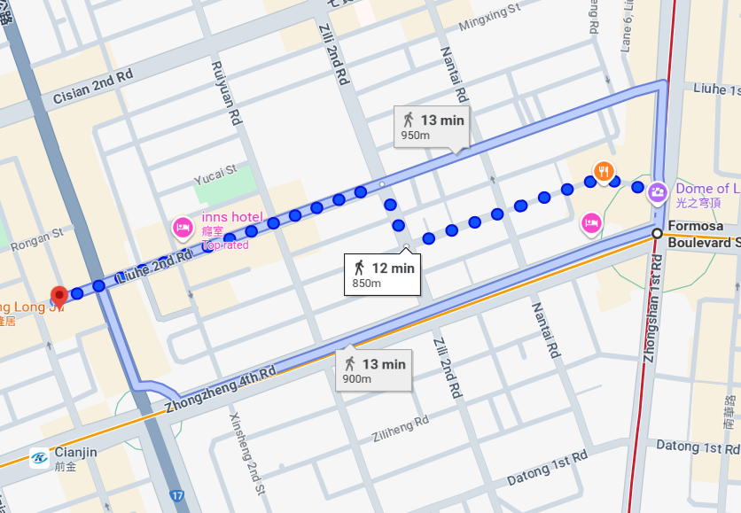 美麗島站至 Greets Inn 步行路線圖